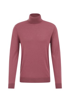 Zacht roze coltrui, gebreide stof, geribde boorden en zoom, lange mouwen, slim-fit silhouet met minimale details.