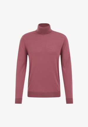 Maglione a collo alto rosa tenue, tessuto lavorato a maglia, polsini e orlo a costine, maniche lunghe, silhouette aderente con dettagli minimali.