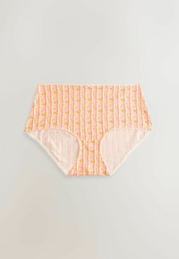 Culotte taille haute pour femme à rayures roses et blanches, avec un imprimé bananes répétitif et un petit nœud à l'avant.