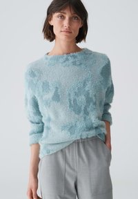 Helles blaues, flauschiges Sweatshirt mit lockerer Passform, rundem Ausschnitt und weicher Textur. Das Design weist subtile Farbvariationen und sanfte Akzente auf.