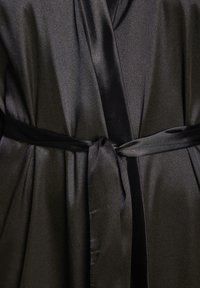 Black satin robe with a smooth texture, featuring a sash tie at the waist and a slight sheen, highlighting elegant draping and subtle folds.