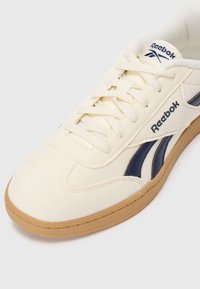 Baltas zamša čības ar zilā akcentiem, apaļi purngali, plakanā beidzīga zole un Reebok logo uz sāniem un mēles. Virsma ar sešiem acs caurumiem.