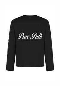 Zwarte lange mouwen shirt met witte tekst "Pure Path" en "OWN THE JOURNEY" op de achterkant. Glad materiaal en een relaxte pasvorm.