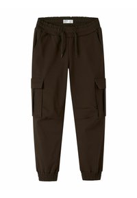 Brune joggebukser lavet af blødt stof, med elastisk talje og snore, sidelommer og cargo-lommer på benene.