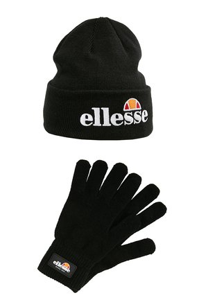 Musta neulepipo ja hansikasetti. Pipossa on kirjailtu „ellesse” logo värillisillä yksityiskohdilla. Hansikkaissa on samanlainen logo-tunnus.