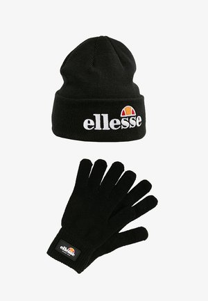 Black knit beanie and gloves set. Beanie features embroidered "ellesse" logo with colored accents. Gloves have a similar logo tag.