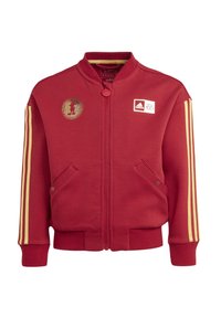 Czerwona kurtka zapinana na zamek, wykonana z materiału dresowego. Posiada żółte paski na rękawach, kieszenie po bokach oraz złotą naszywkę z Miki Mouse na klatce piersiowej.