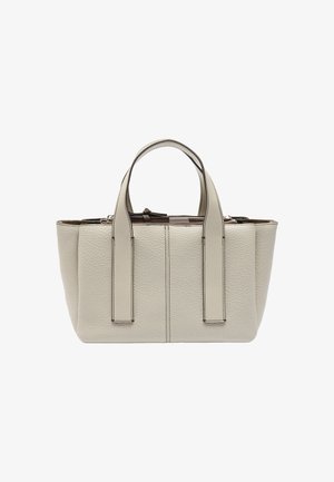 Jasnoszara skórzana torba na ramię z dwoma solidnymi uchwytami, zamkiem błyskawicznym, teksturowanym wykończeniem i pionowymi przeszyciami. Kompaktowy i zorganizowany design.