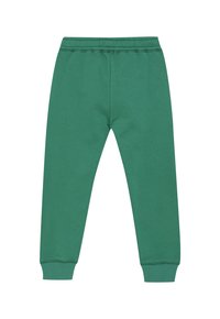 Groene sweatpants met een elastische tailleband en geribbelde boorden, plat weergegeven met de achterzijde naar boven tegen een witte achtergrond.