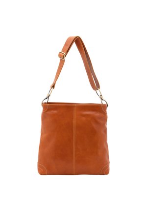 Borsa a spalla in pelle marrone con una texture liscia, caratterizzata da una forma piatta, una tracolla regolabile e accenti di cucitura in contrasto.