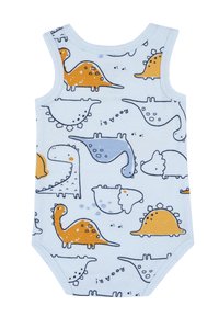 Kortärmad, ljusblå jumpsuit med ett dinosauriemönster i orange och grått med svarta konturer. Tillverkad av mjukt bomullstyg.