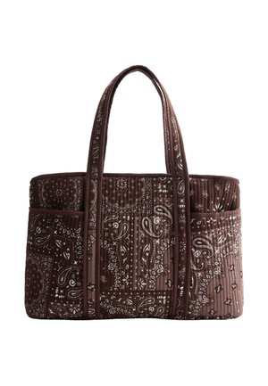 Prešívaná obdĺžniková hnedá taška na nosenie s kašmírovým vzorom, dvoma dlhými rúčkami a vonkajšími bočnými vreckami.