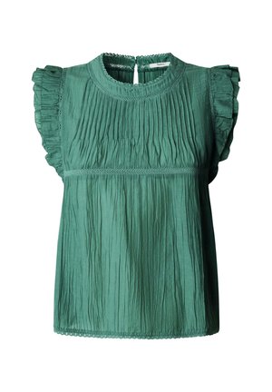 Mouwloze groene blouse met gerimpelde kapmouwen, textuur met verticale plooien, ronde halslijn en een sleutelgat met knoopsluiting aan de achterkant.