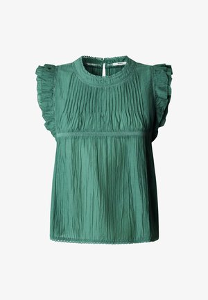 Mouwloze groene blouse met gerimpelde kapmouwen, textuur met verticale plooien, ronde halslijn en een sleutelgat met knoopsluiting aan de achterkant.