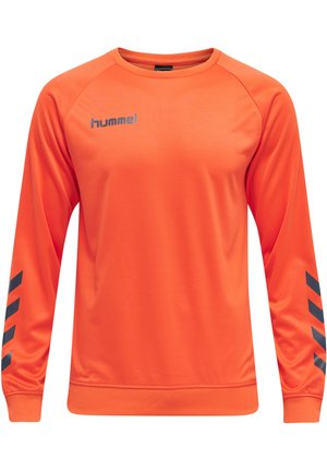 Oranje sport sweatshirt met lange mouwen, ronde hals en zwarte chevronpatronen langs de armen. Gemaakt van een gladde, synthetische stof.