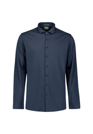 Marineblauwe langemouw shirt van een gladde, lichtgewicht stof; knoopsluiting aan de voorkant met bijpassende knopen; klassieke kraag; rechte zoom.