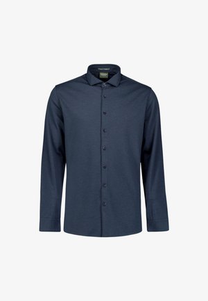 Marineblaues Langarmhemd aus einem glatten, leichtem Stoff; Knopfleiste mit passenden Knöpfen; klassischer Kragen; gerader Saum.