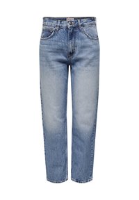 Jeans de mezclilla azul claro con corte relajado, diseño de cinco bolsillos, cierre de botón y áreas desgastadas para un aspecto vintage. Corte recto.