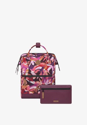 Colorful floral-patterned backpack with a maroon accent, features a top handle and a front zippered pocket. Includes a matching maroon wallet.