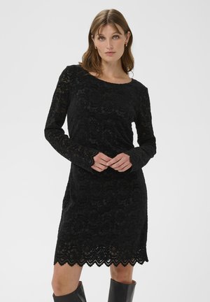 Schwarzes Spitzenkleid mit langen Ärmeln, gewelltem Saum, floralen Mustern und strukturiertem Stoff. Lässige Passform, runder Halsausschnitt und Oberschenkel-lange Länge.