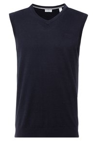 Marineblaues ärmelloses Sweatshirt im V-Ausschnitt, aus strickbarem Stoff mit glatter Textur und dezentem Logo auf der Vorderseite.