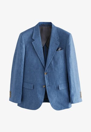 Modrá sako vyrobené z textúrovanej tkaniny s klopovým golierom, dvoma prednými vreckami a tromi zlatými gombíkmi na každom rukáve.