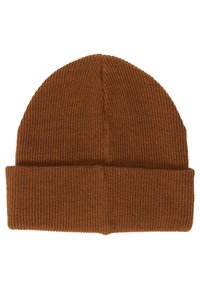 Bruine gebreide beanie met een geribbelde textuur en opgerolde manchet. De bovenkant heeft een glad, rond ontwerp zonder extra versieringen.