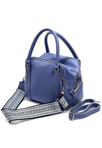 Sac à main en cuir bleu avec finition texturée. Équipé de deux poignées, de fermetures éclair et d'une bandoulière adjustable à motif. Comprend des accents en métal.