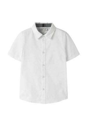 Weißes, kurzärmeliges Hemd mit Knopfleiste, Kragen und dezentem, gesticktem Logo auf der linken Brustseite.