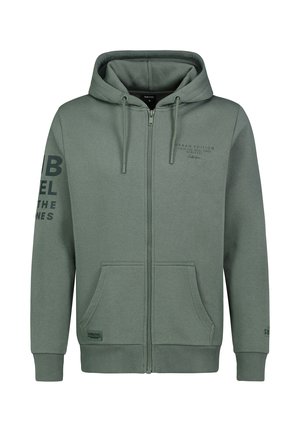 Hooded zip-up sweatshirt in olive green fabric. Features front pockets, ribbed cuffs, and printed branding on the chest and sleeve.