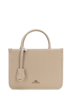 Sac à main rectangulaire beige avec une poignée courte, étiquette en cuir attachée avec anneau doré et petit logo Wittchen doré au centre devant.