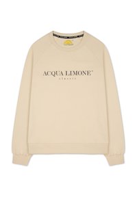 Beige crewneck sweatshirt i mjukt material, med "ACQUA LIMONE classic" tryckt i mörkgrått över framsidan. Ribbad mudd och nederkant.