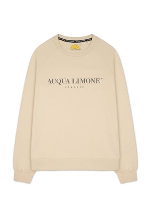 Beige crewneck sweatshirt i mjukt material, med "ACQUA LIMONE classic" tryckt i mörkgrått över framsidan. Ribbad mudd och nederkant.