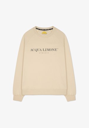 Beige crewneck sweatshirt i mjukt material, med "ACQUA LIMONE classic" tryckt i mörkgrått över framsidan. Ribbad mudd och nederkant.