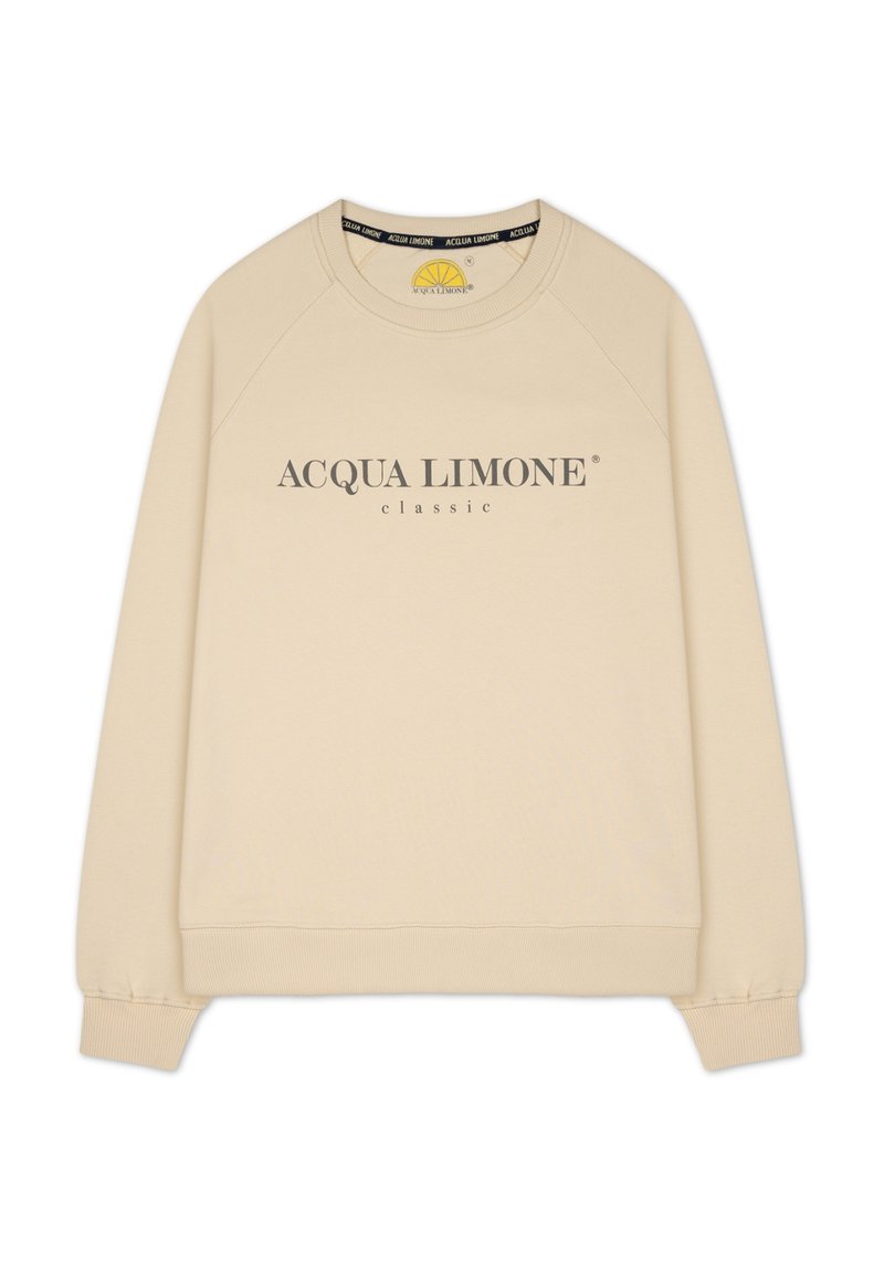 Beige crewneck sweatshirt i mjukt material, med "ACQUA LIMONE classic" tryckt i mörkgrått över framsidan. Ribbad mudd och nederkant.