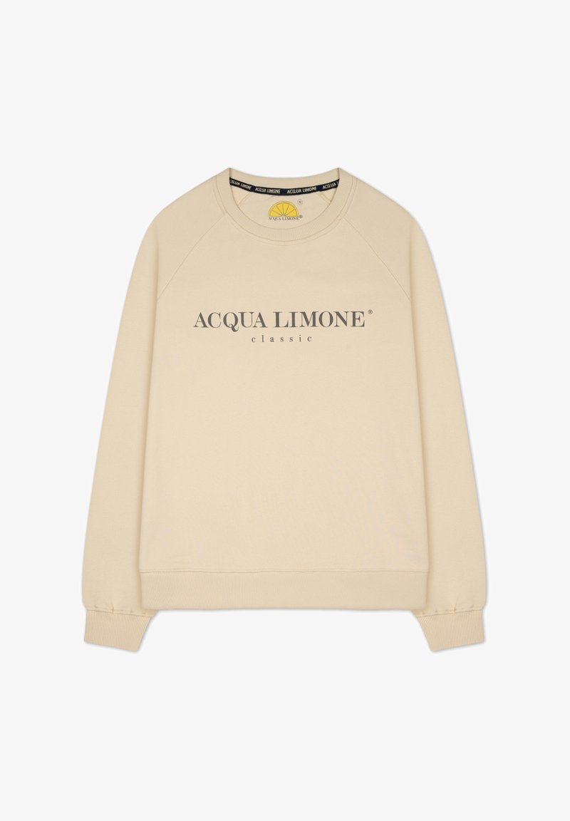 Beige crewneck sweatshirt i mjukt material, med "ACQUA LIMONE classic" tryckt i mörkgrått över framsidan. Ribbad mudd och nederkant.