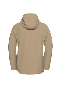 Veste à capuche beige avec un tissu lisse et léger. Comprend des manches longues et un ourlet droit. Design minimaliste sans détails supplémentaires.
