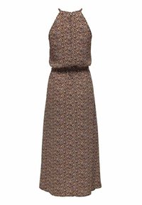 Robe sans manches, à col licou, longueur jusqu'aux chevilles avec taille cintrée, présentant un motif floral dense et petit dans des tons marron, jaune et violet.