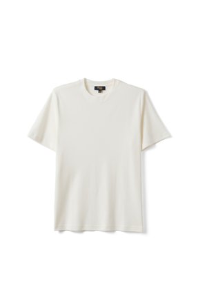 T-shirt blanc uni en coton à manches courtes, col rond et étiquette noire et dorée visible au niveau du col, sur fond blanc.