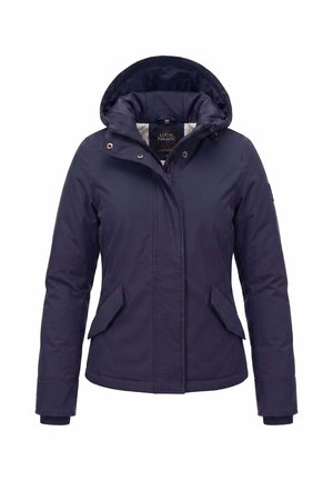 Marineblauwe winterjas met capuchon, ritssluiting en drukknopen, twee voorvakken met klep en lange mouwen met binnenboorden.