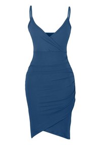 Robe moulante bleue sans manches avec col en V noué sur le devant, détails froncés et ourlet asymétrique.