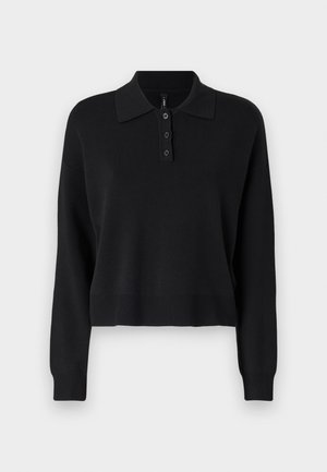 Maglione polo a maglia nera con maniche lunghe, colletto piatto e patta con tre bottoni. Caratterizzato da polsini e fondo a costine.