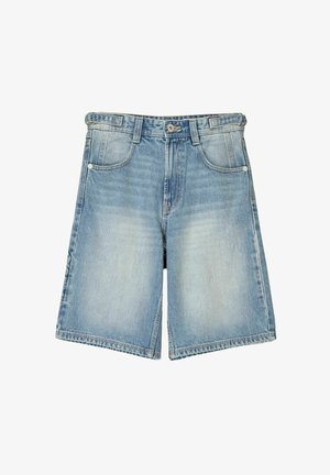 Levi's-Shorts aus hellblauem Denim mit einem klassischen Fünf-Taschen-Design und einem Reißverschluss mit Knopfverschluss. Mit einer abgenutzten Textur und sauberen Kanten.