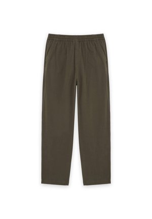 Legere Hose in Olivgrün mit elastischem Bund und Seitentaschen, geradem Bein, flach auf weißem Hintergrund präsentiert.