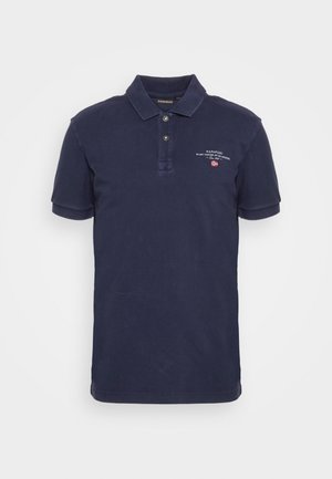 Navy blue polo shirt made of cotton, featuring a collared neck, two-button placket, and embroidered logo on the chest. Short sleeves.