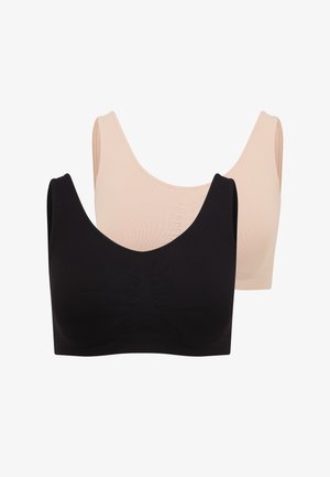 Black sports bra with a scoop neckline and gathered detail, paired with high-waisted black bike shorts featuring a smooth, stretchy fabric.