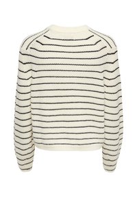 Pull crème avec des rayures horizontales noires, doté d'un col rond, de poignets côtelés et d'une coupe carrée. Le tissu en maille texturé apporte de la dimension.