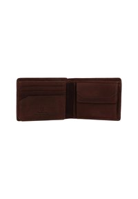 Braune Lederbörse mit einem Bifold-Design, das mehrere Kartenfächer und ein Münzfach bietet, und eine glatte Textur sowie Nähdetails zeigt.