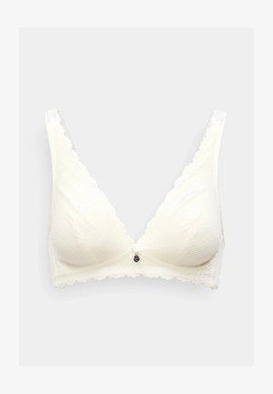 Weißer Spitzen-BH mit gezackten Kanten, strukturiertem Stoff und einem kleinen dekorativen Anhänger in der Mitte vorne.