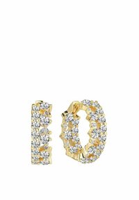 Guldörhängen i form av hoops prydda med klara, runda, glittrande ädelstenar, med en texturerad design och växlande placering av stenarna.